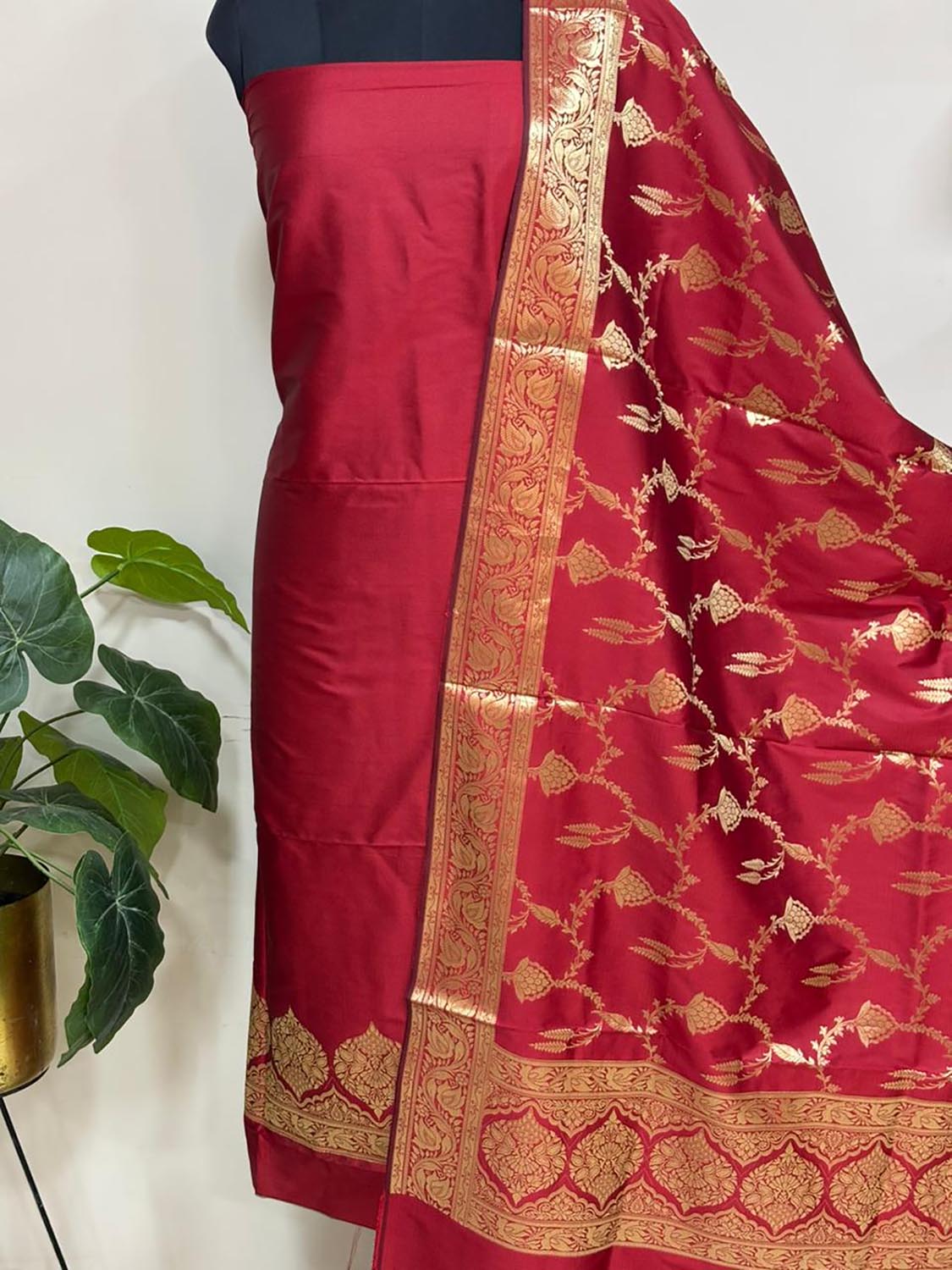 Elegant Red Banarasi Silk Three Piece Unstitched Suit Set - Luxurion World