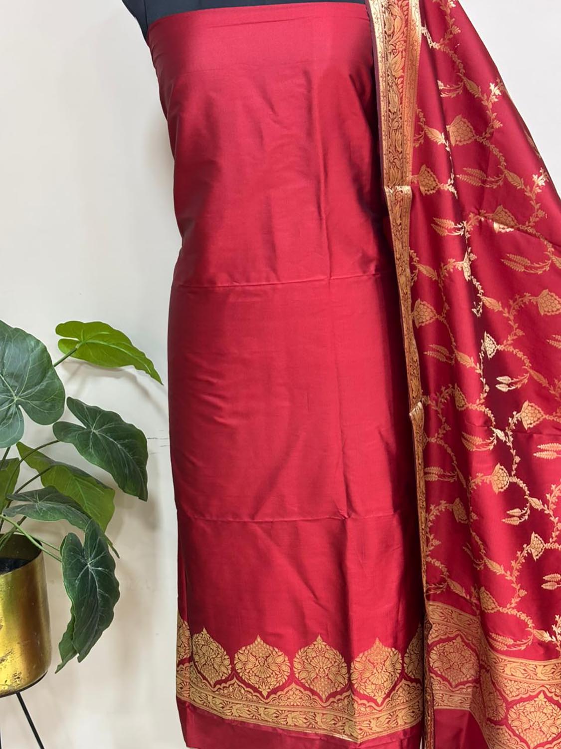 Elegant Red Banarasi Silk Three Piece Unstitched Suit Set - Luxurion World