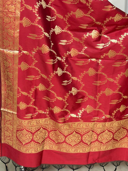 Elegant Red Banarasi Silk Three Piece Unstitched Suit Set - Luxurion World