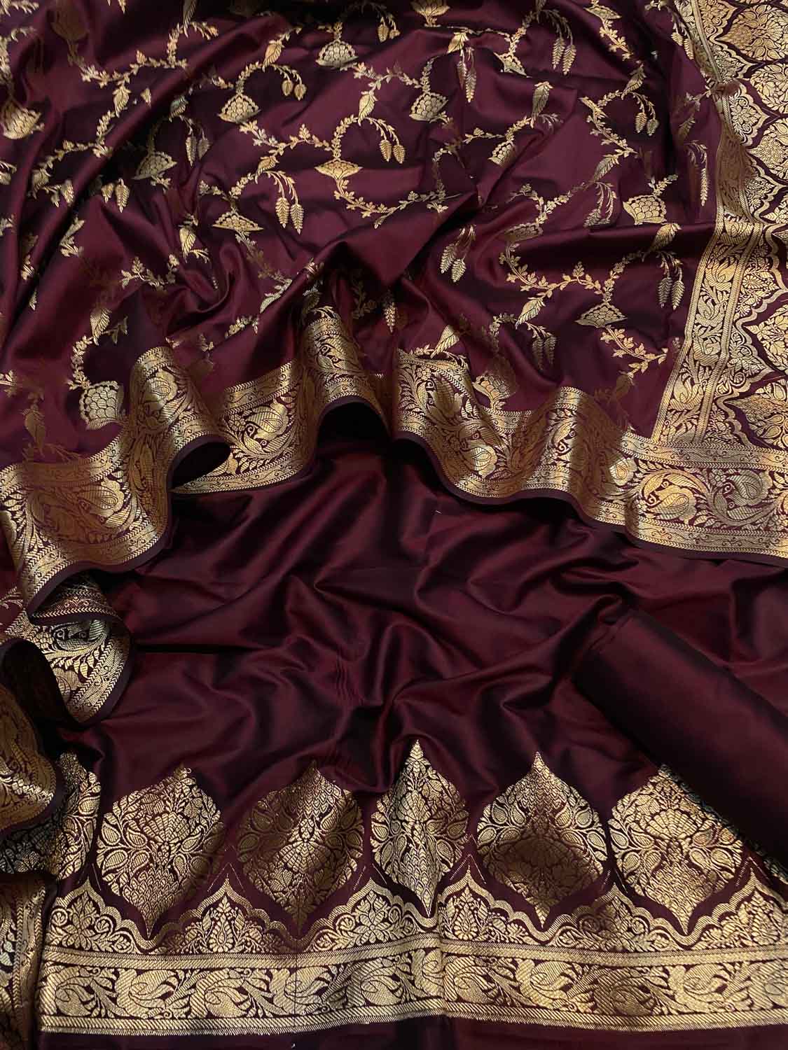 Elegant Maroon Banarasi Silk Three Piece Unstitched Suit Set - Luxurion World