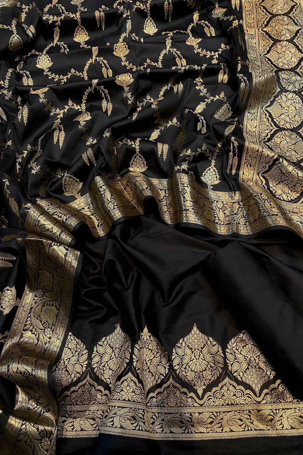 Elegant Black Banarasi Silk Three Piece Unstitched Suit Set - Luxurion World