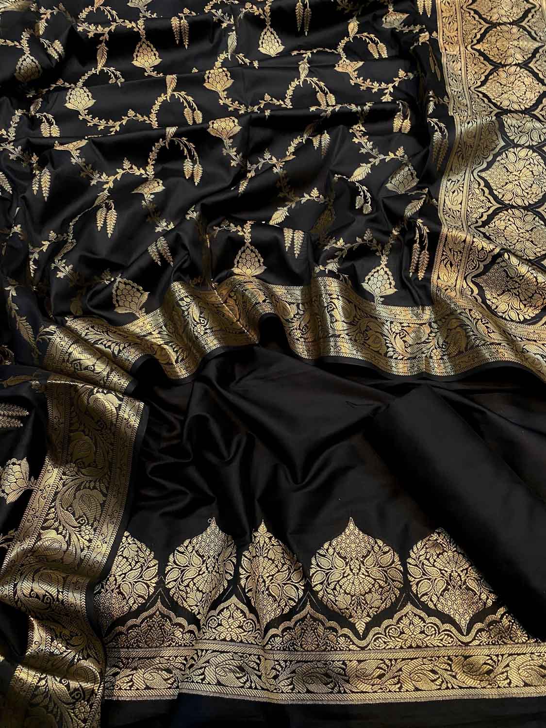 Elegant Black Banarasi Silk Three Piece Unstitched Suit Set - Luxurion World