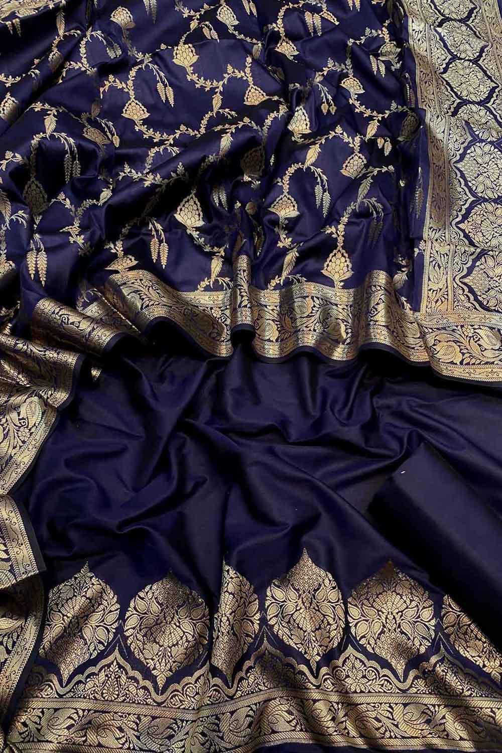 Blue & Golden Banarasi Silk Three Piece Unstitched Suit Set - Luxurion World