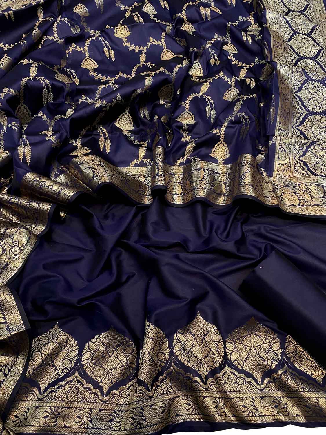 Blue & Golden Banarasi Silk Three Piece Unstitched Suit Set - Luxurion World