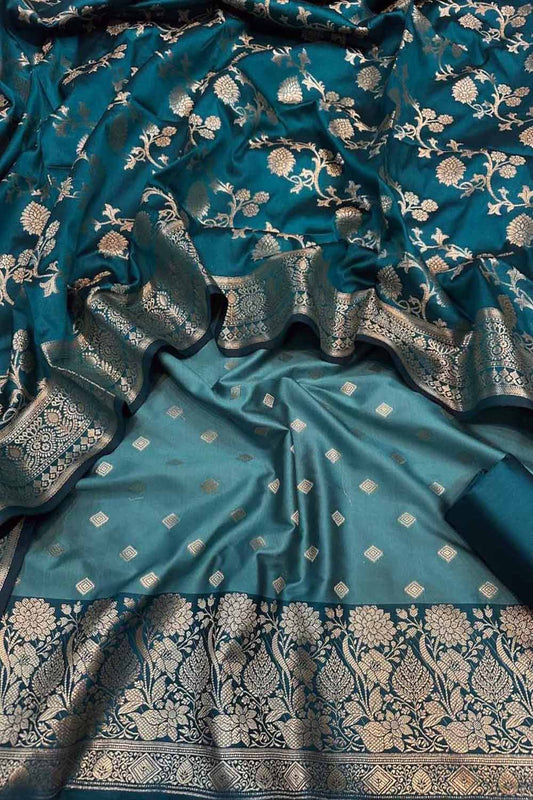 Elegant Blue Banarasi Silk Unstitched Three Piece Suit Set - Luxurion World
