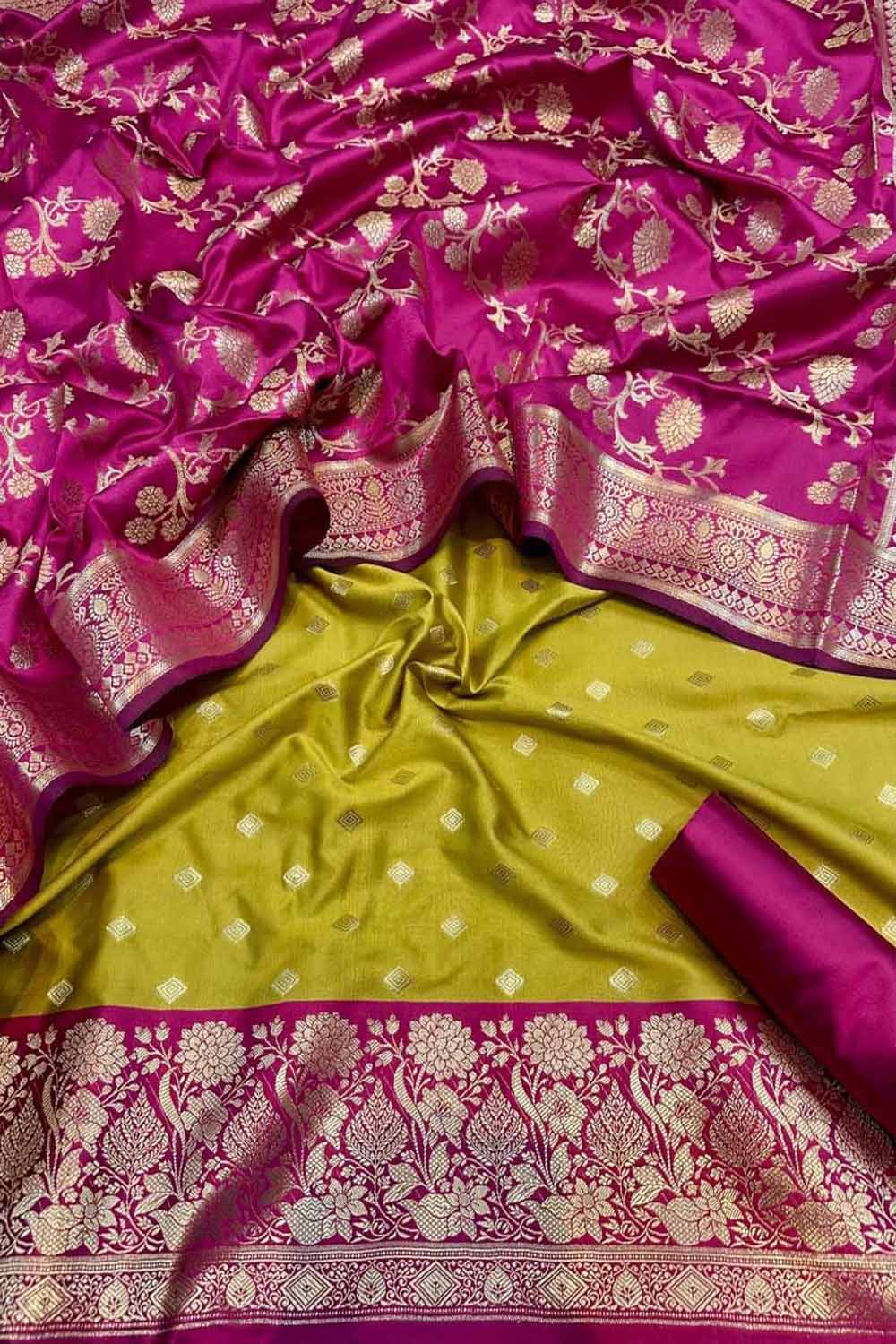 Green Banarasi Silk Unstitched Three Piece Suit Set - Luxurion World