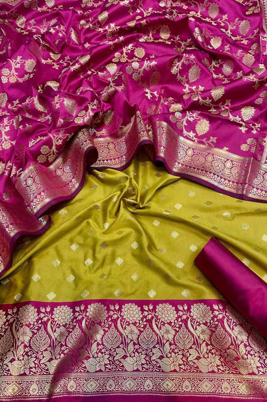 Green Banarasi Silk Unstitched Three Piece Suit Set - Luxurion World