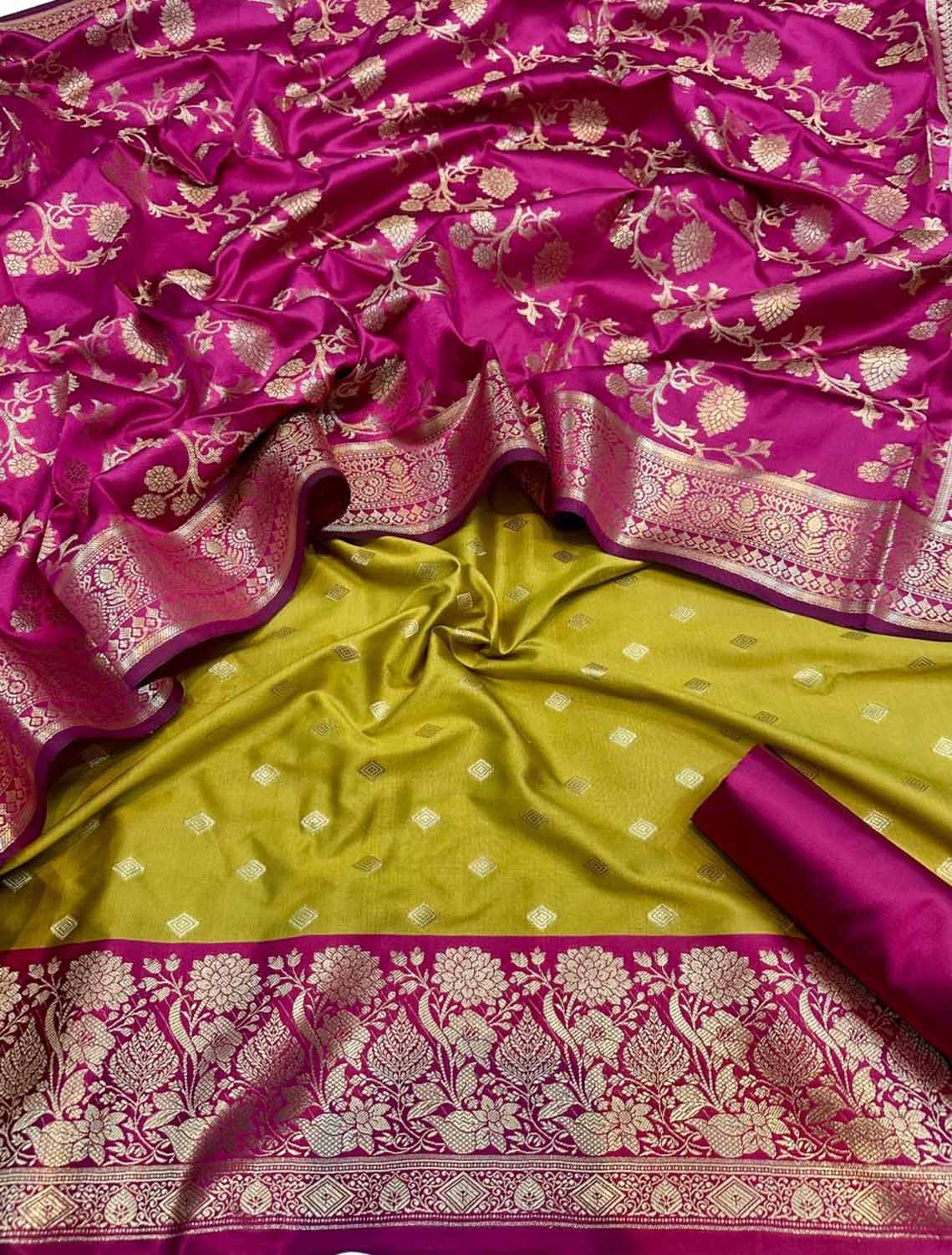 Green Banarasi Silk Unstitched Three Piece Suit Set - Luxurion World