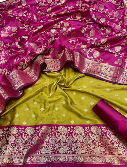 Green Banarasi Silk Unstitched Three Piece Suit Set - Luxurion World