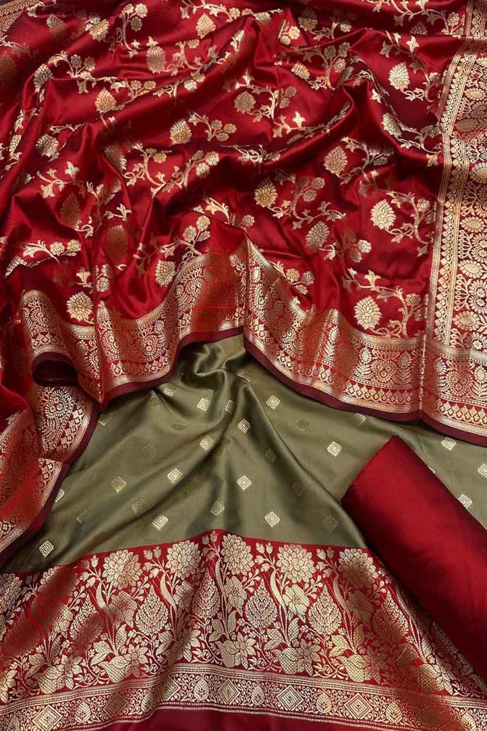 Elegant Grey Banarasi Silk Unstitched Three Piece Suit Set - Luxurion World