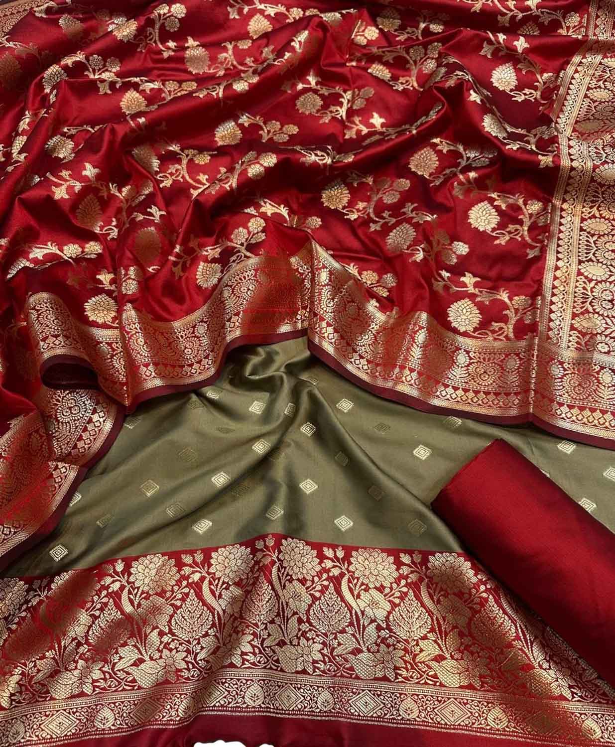 Elegant Grey Banarasi Silk Unstitched Three Piece Suit Set - Luxurion World