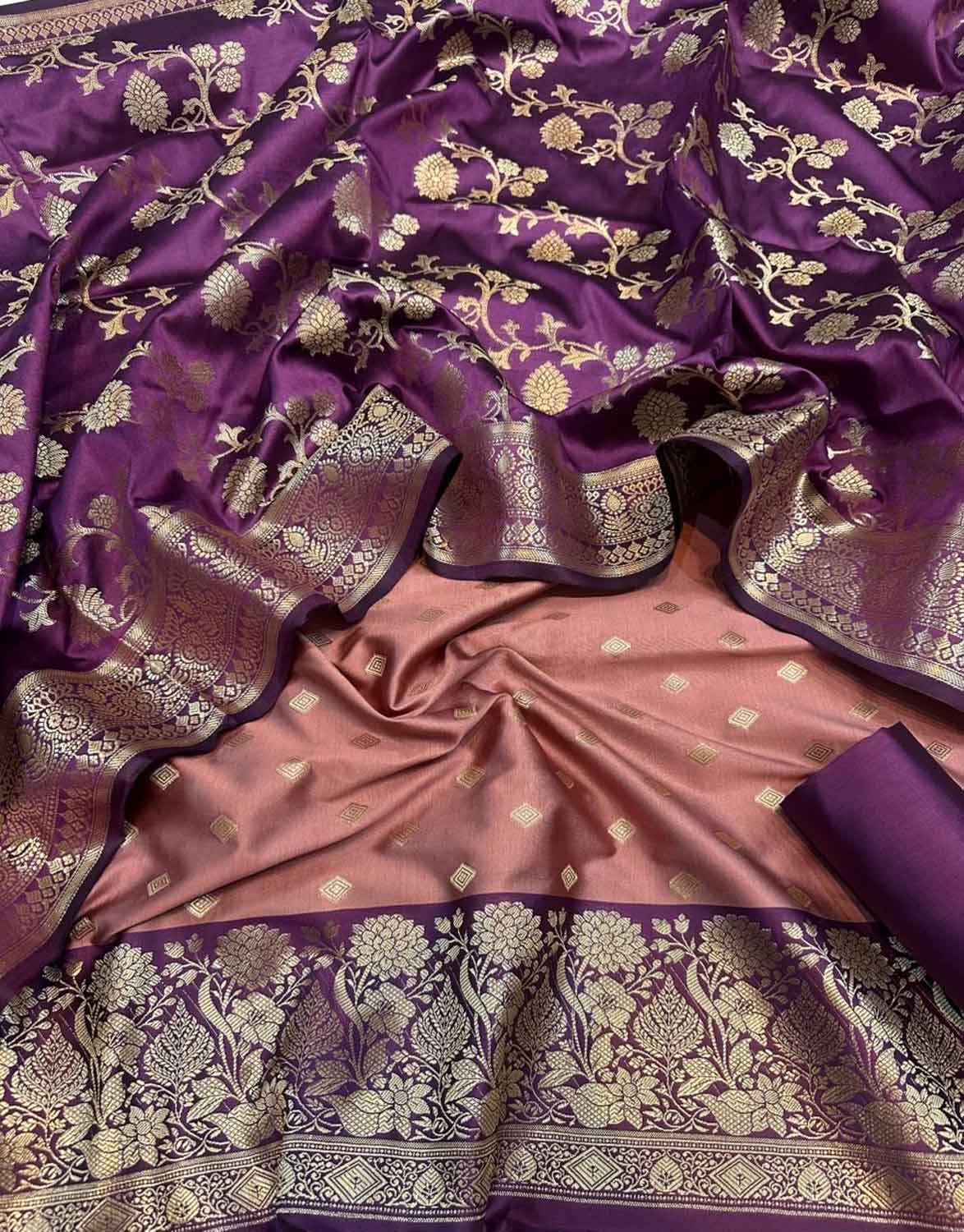 Stunning Onion Pink Banarasi Silk Unstitched Three Piece Suit Set - Luxurion World
