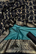 Elegant Blue Banarasi Silk Unstitched Three Piece Suit Set - Luxurion World