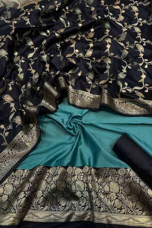 Elegant Blue Banarasi Silk Unstitched Three Piece Suit Set - Luxurion World