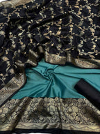 Elegant Blue Banarasi Silk Unstitched Three Piece Suit Set - Luxurion World
