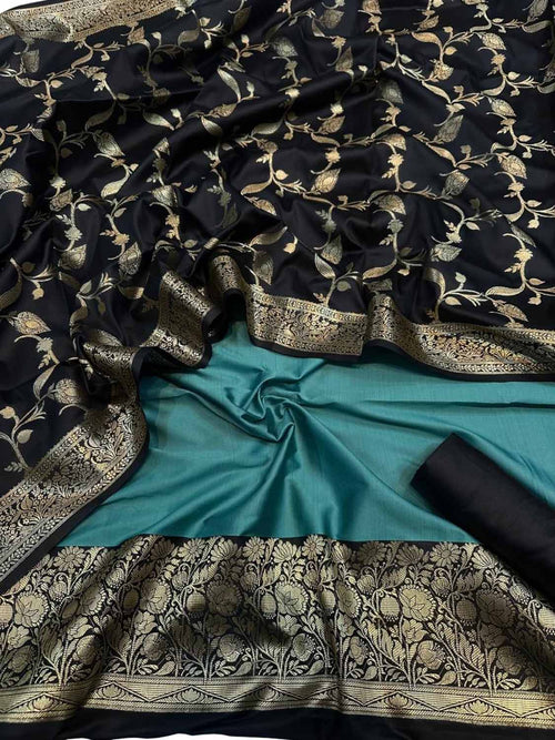 Elegant Blue Banarasi Silk Unstitched Three Piece Suit Set - Luxurion World