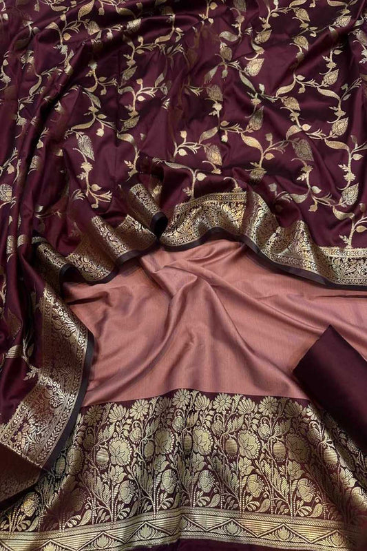 Stunning Onion Pink Banarasi Silk Unstitched Three Piece Suit Set - Luxurion World