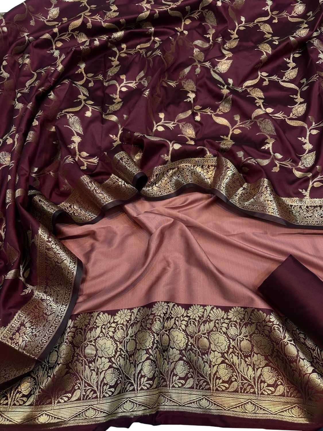 Stunning Onion Pink Banarasi Silk Unstitched Three Piece Suit Set - Luxurion World
