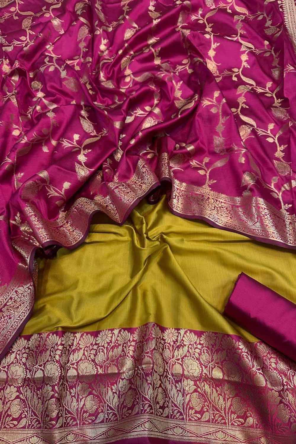 Green Banarasi Silk Unstitched Three Piece Suit Set - Luxurion World