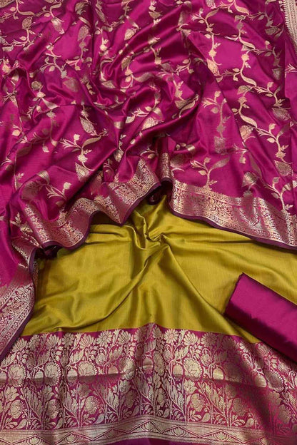 Green Banarasi Silk Unstitched Three Piece Suit Set - Luxurion World