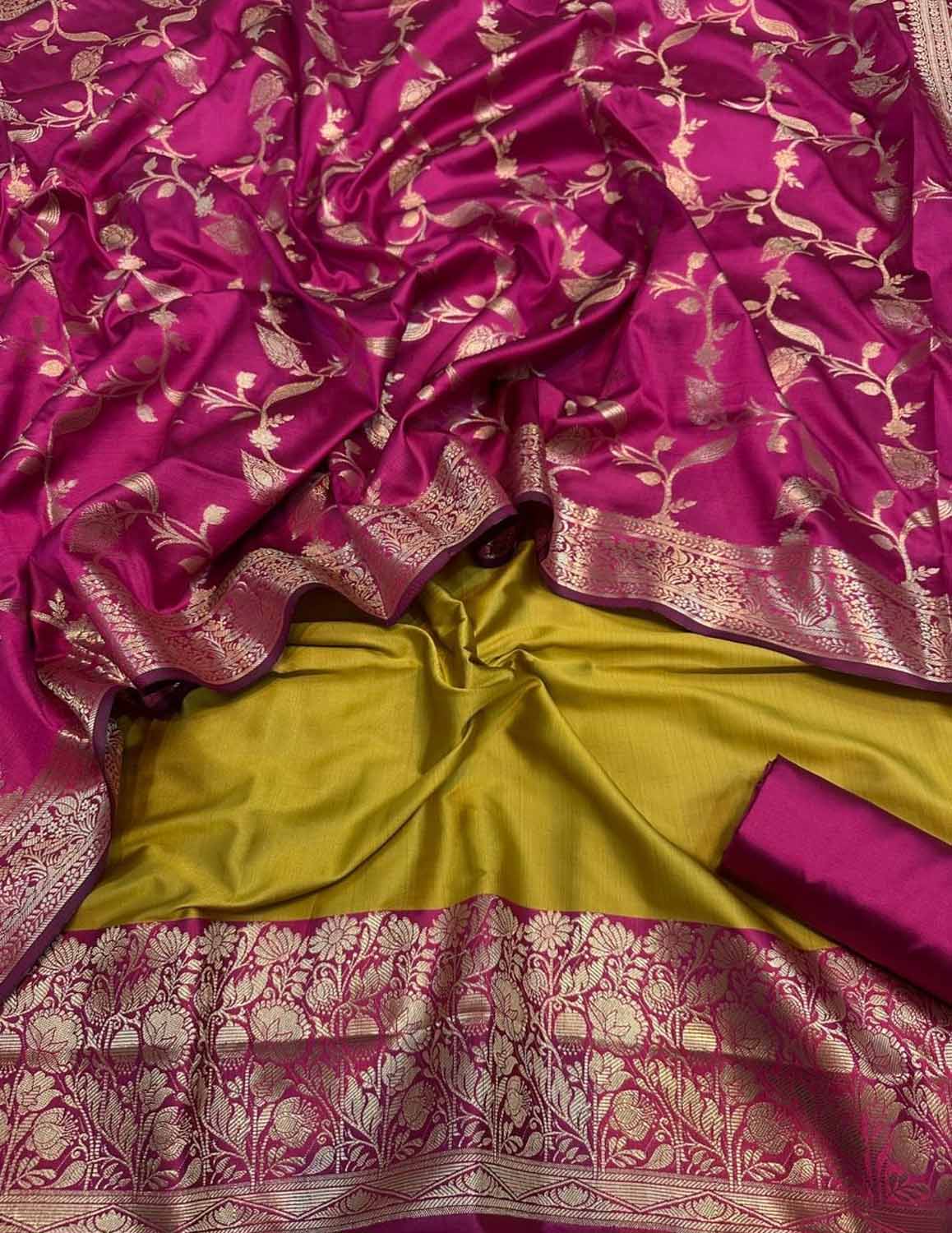 Green Banarasi Silk Unstitched Three Piece Suit Set - Luxurion World