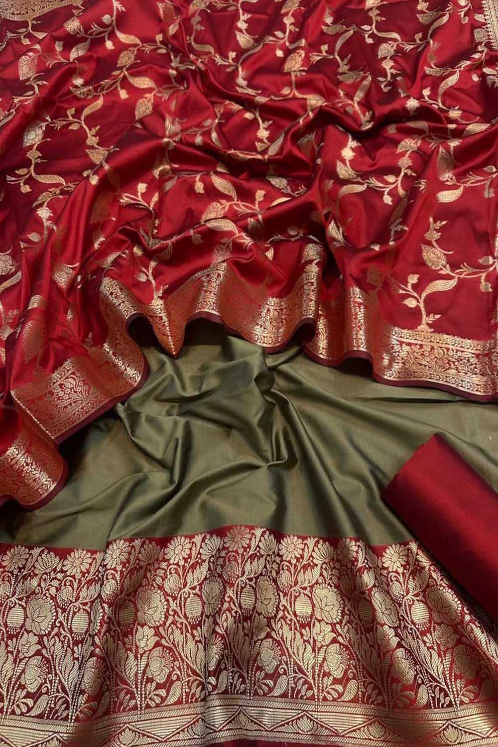 Elegant Grey Banarasi Silk Unstitched Three Piece Suit Set - Luxurion World