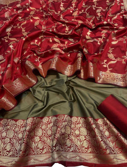 Elegant Grey Banarasi Silk Unstitched Three Piece Suit Set - Luxurion World