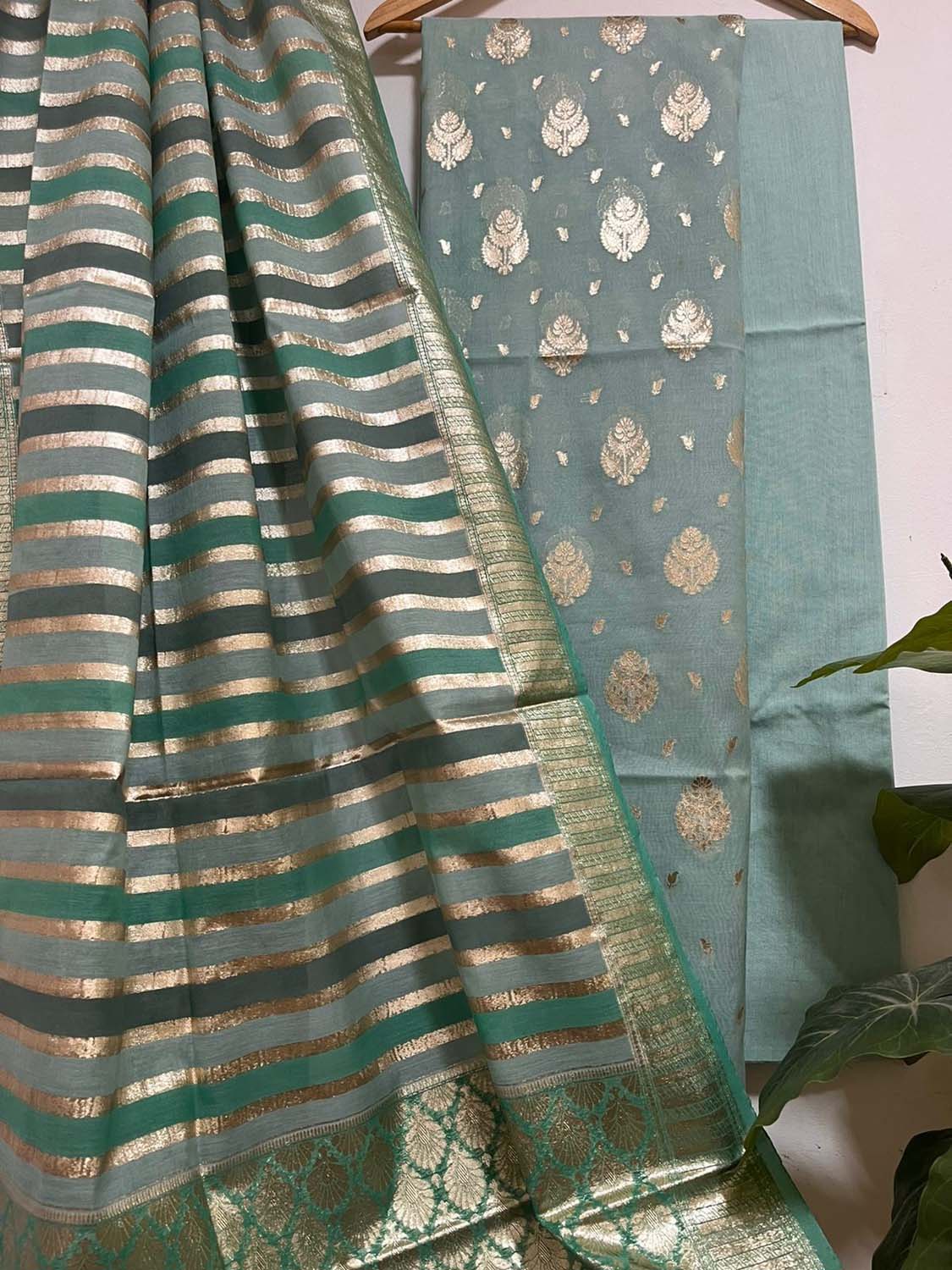 Stunning Green & Grey Banarasi Handloom Chanderi Silk Three Piece Suit Set - Luxurion World