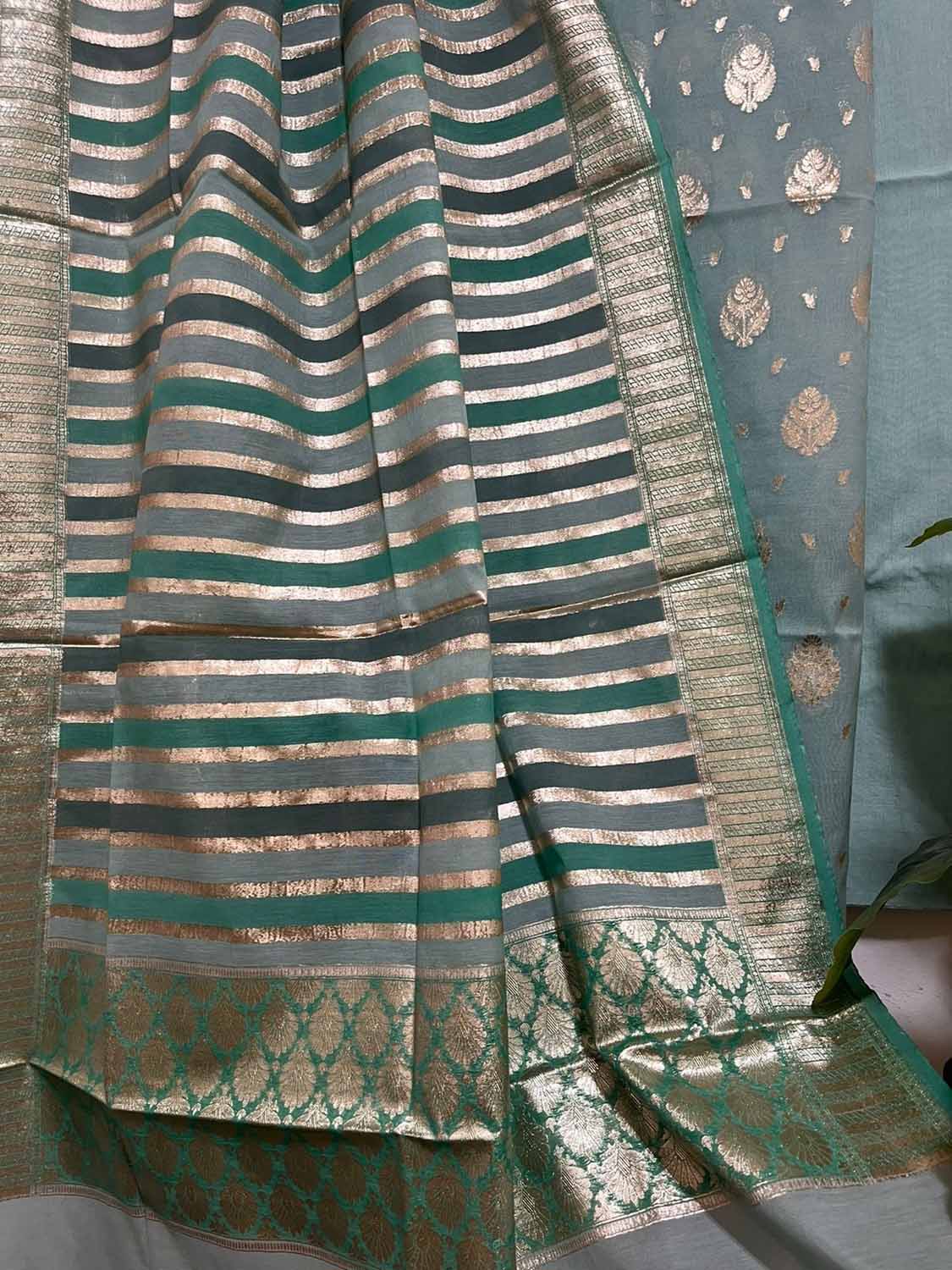 Stunning Green & Grey Banarasi Handloom Chanderi Silk Three Piece Suit Set - Luxurion World