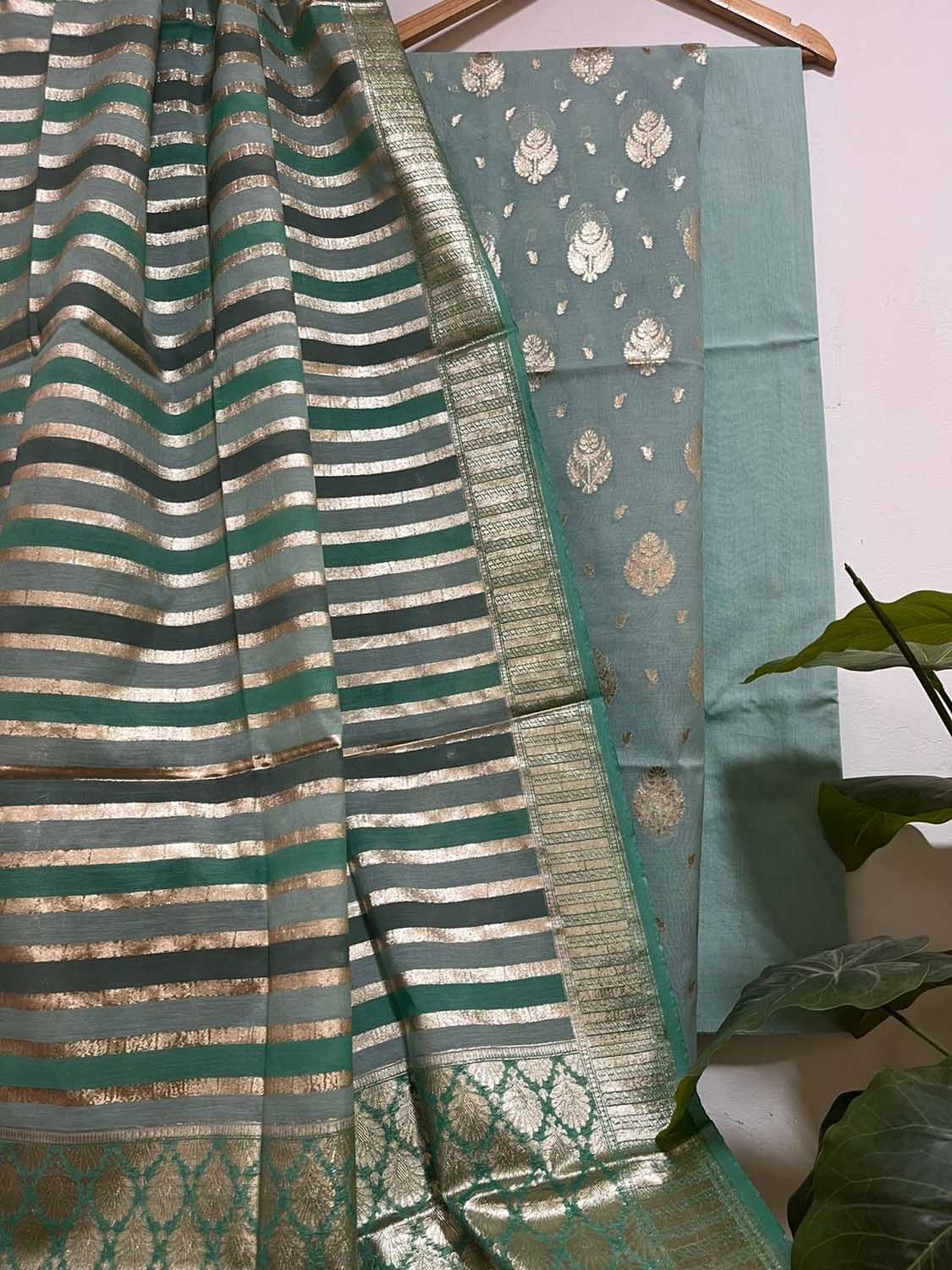 Stunning Green & Grey Banarasi Handloom Chanderi Silk Three Piece Suit Set - Luxurion World