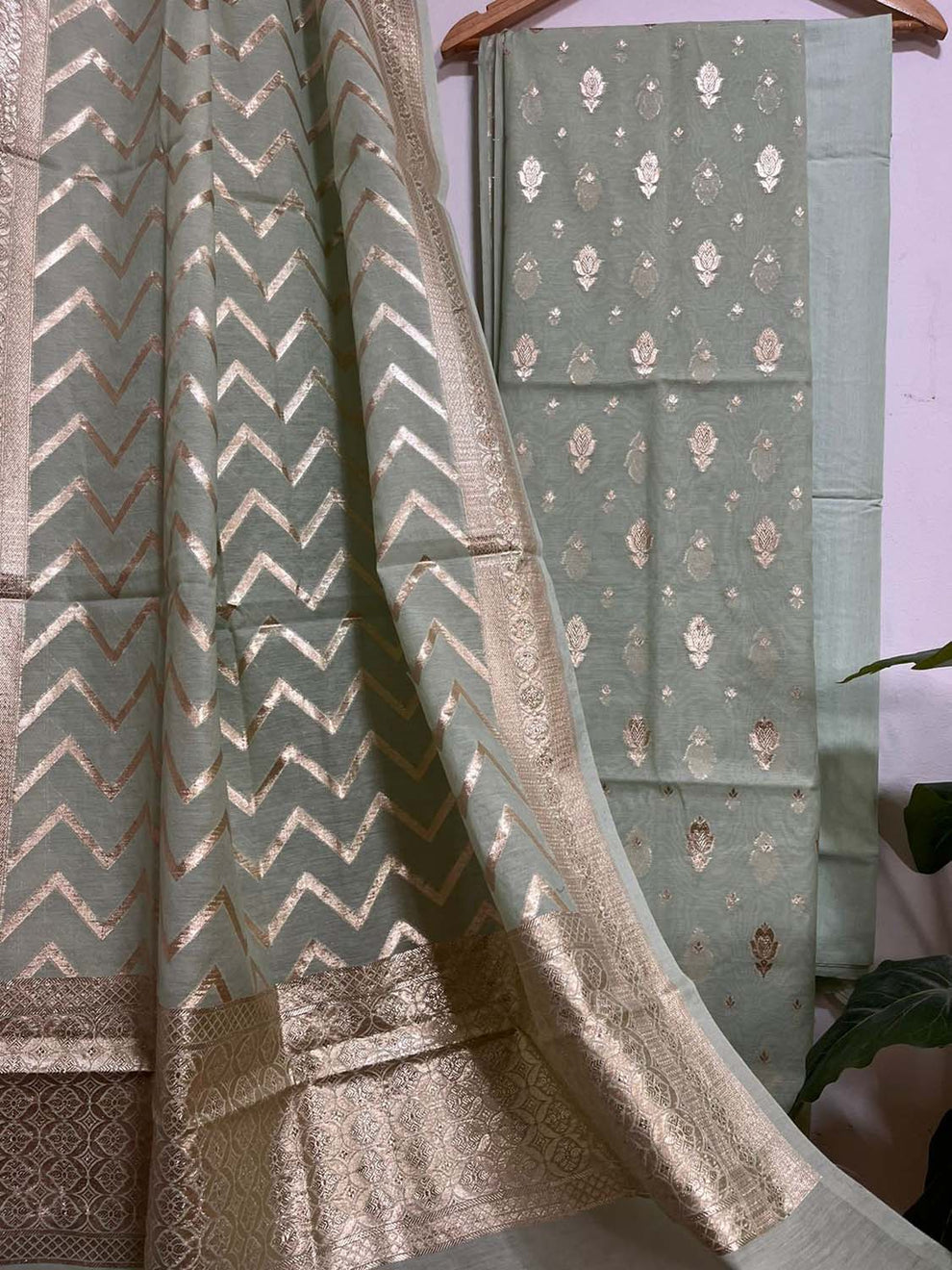 Handloom Chanderi Kurta Sets with Gold Floral Weave Pattern & Banarasi Dupatta main image 0