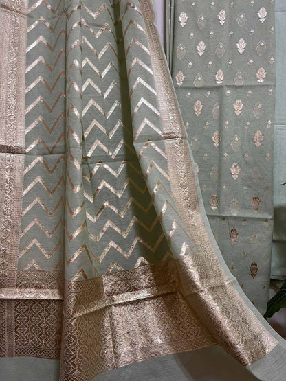 Elegant Grey Banarasi Handloom Chanderi Silk Three Piece Suit Set - Luxurion World