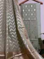 Elegant Grey Banarasi Handloom Chanderi Silk Three Piece Suit Set - Luxurion World