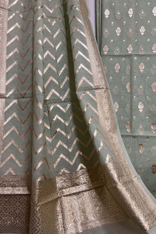 Elegant Grey Banarasi Handloom Chanderi Silk Three Piece Suit Set