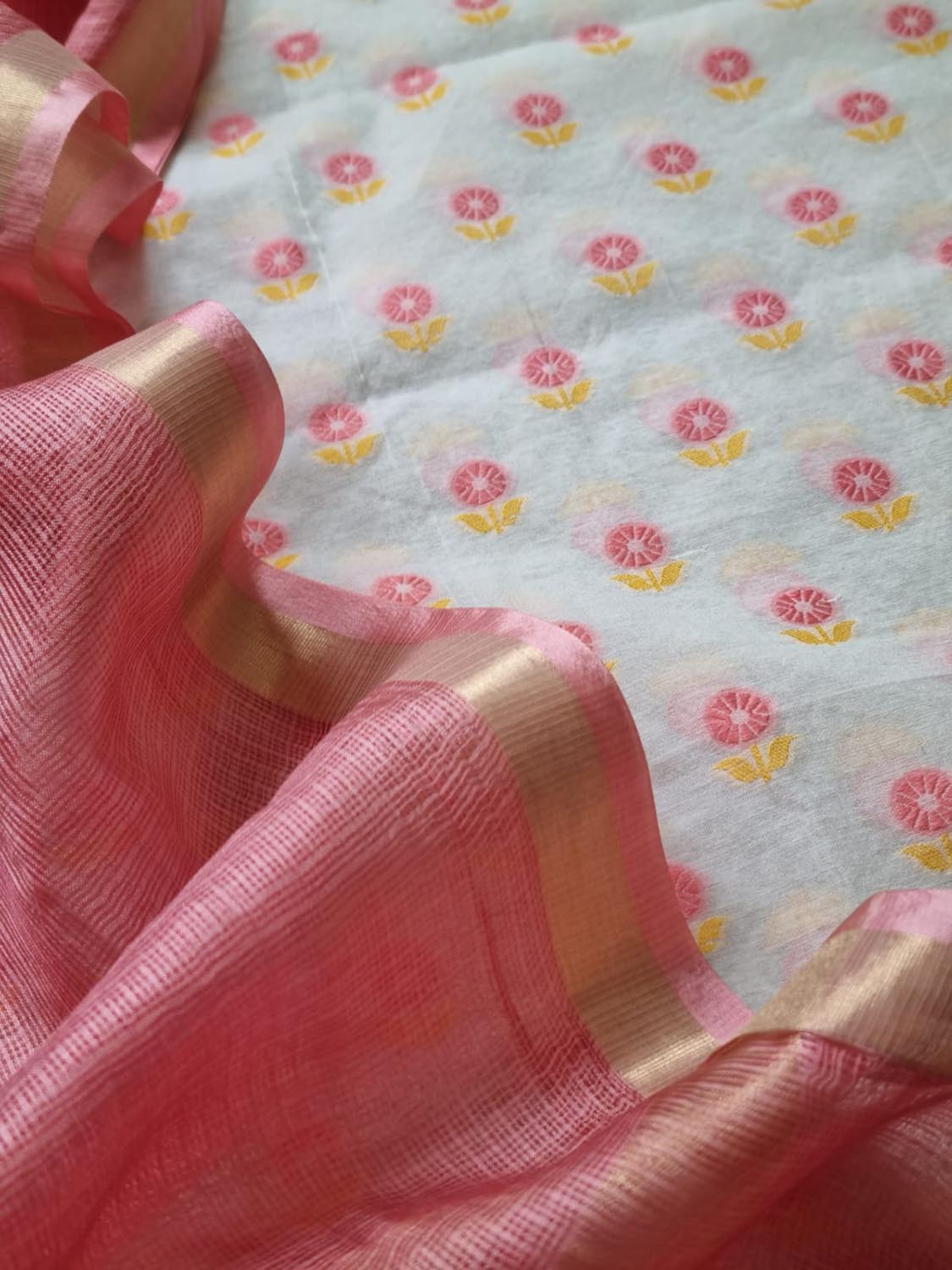 Stunning Off White Banarasi Chanderi Silk Suit Set - Unstitched With Shaded Dupatta - Luxurion World