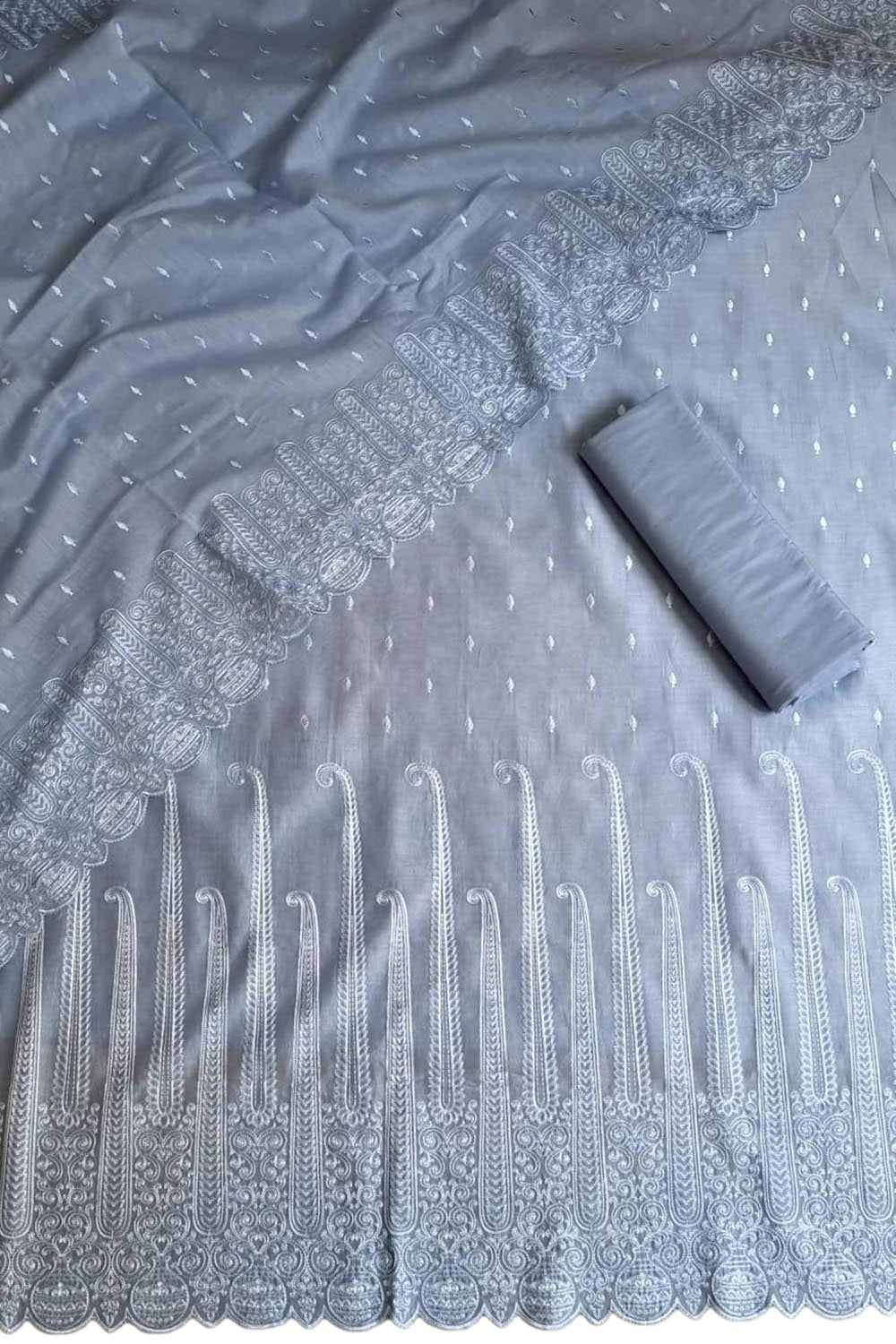 Graceful Grey Chikankari Chanderi Suit: Unstitched Three-Piece Set - Luxurion World