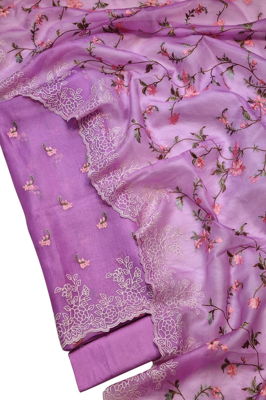 Exquisite Purple Banarasi Organza Silk Suit with Embroidery - Luxurion World