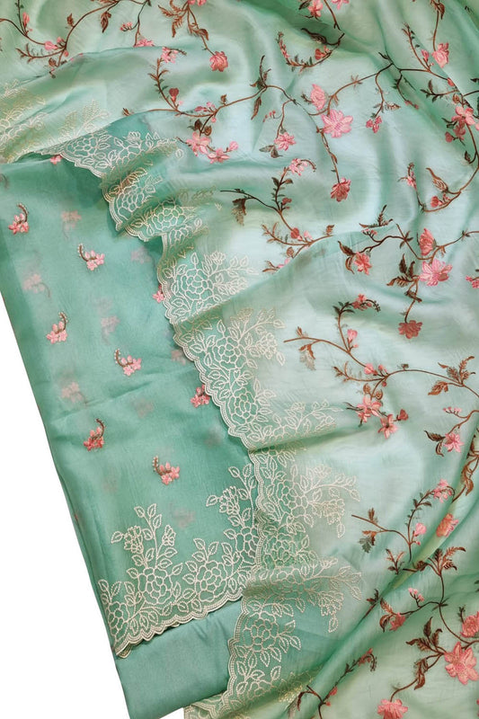 Exquisite Green Banarasi Organza Silk Suit: Embroidered Elegance - Luxurion World