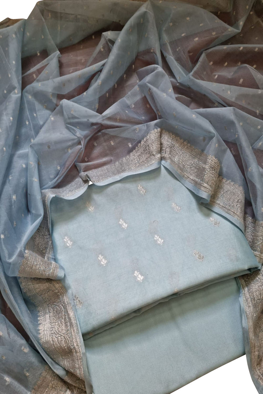 Elegant Blue Banarasi Chiniya Silk Suit with Chiffon Dupatta - Luxurion World