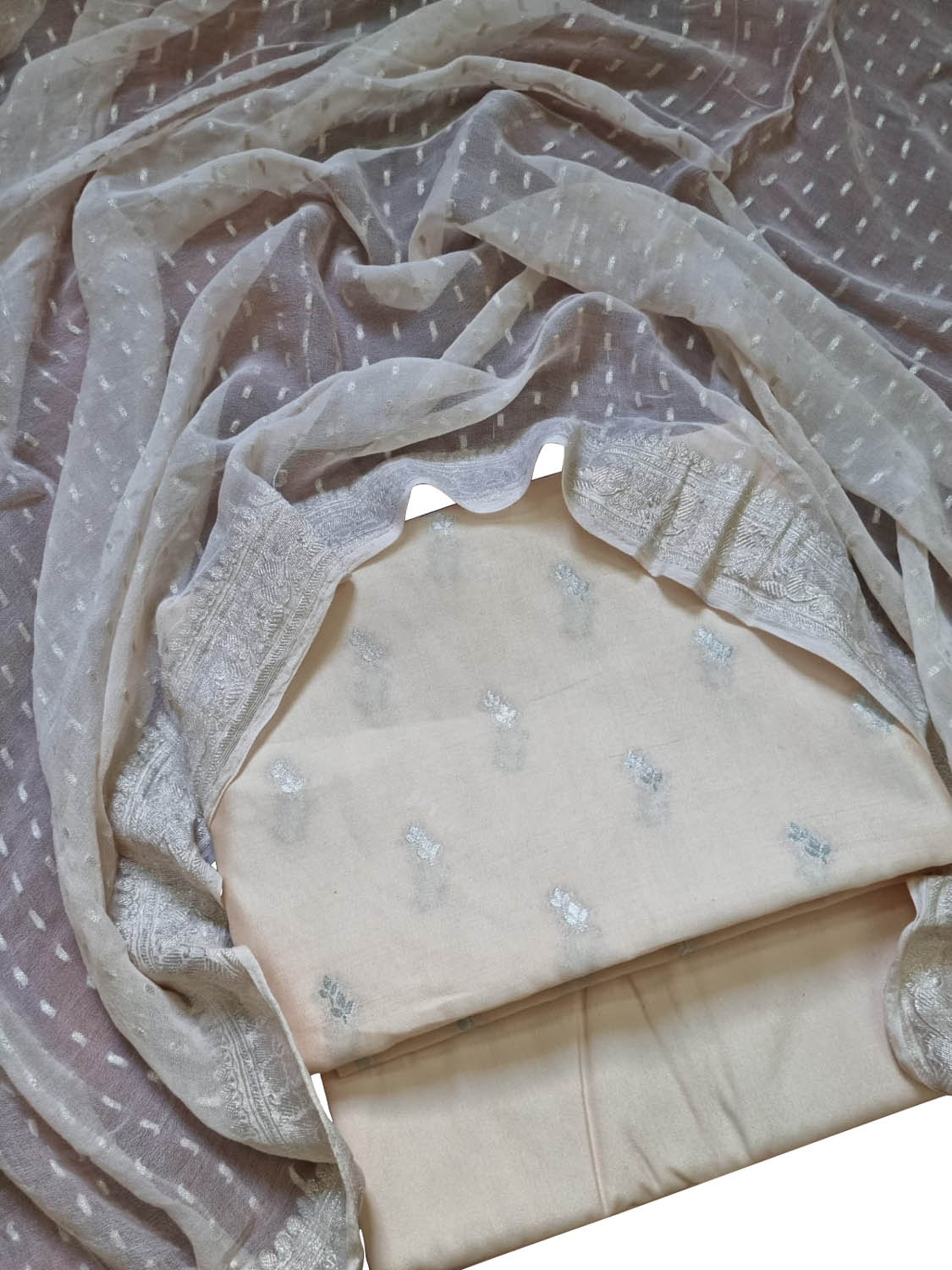 Elegant Pastel Banarasi Chiniya Silk Suit with Chiffon Dupatta - Luxurion World