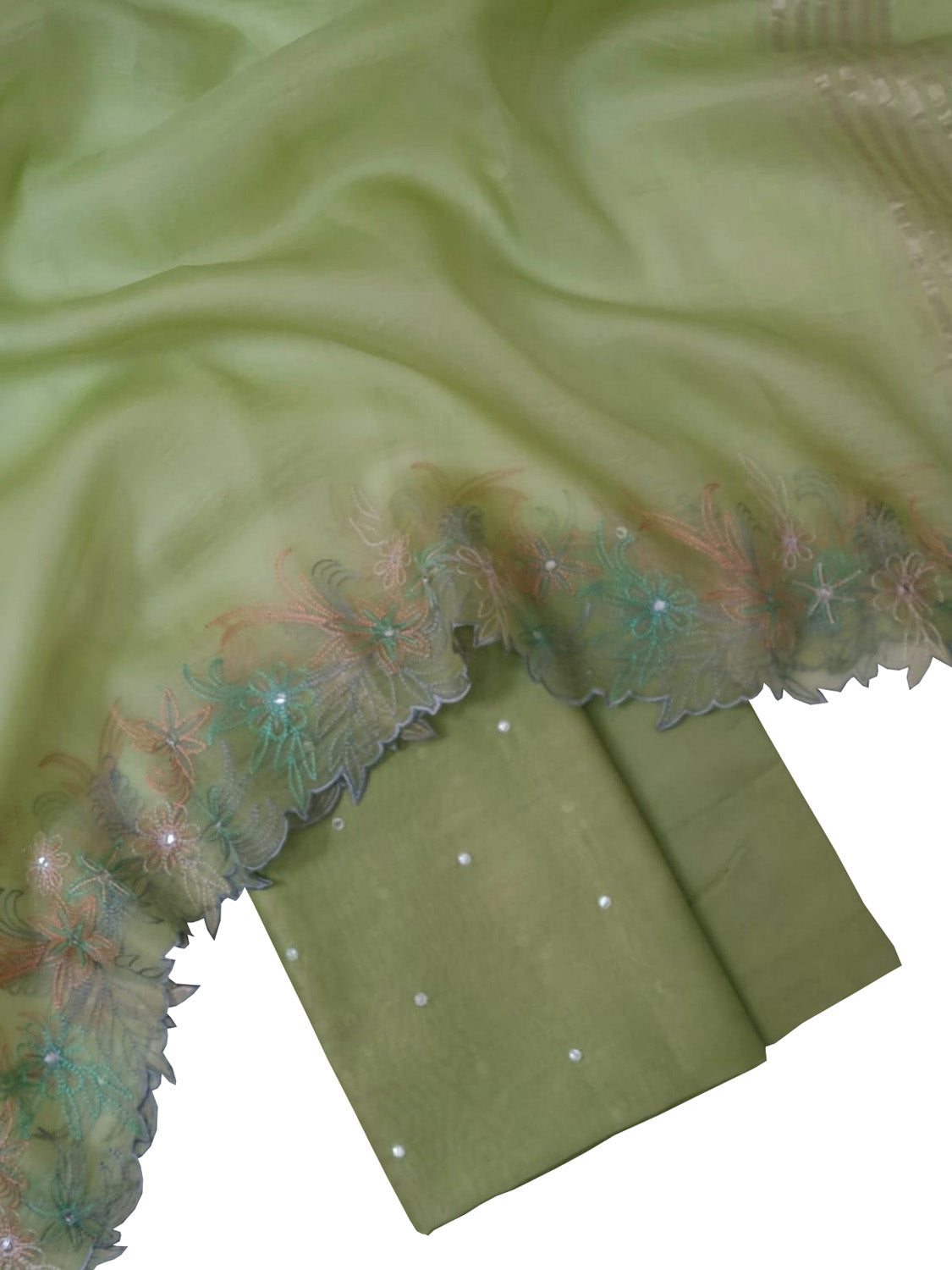 Green Banarasi Chanderi Silk Suit with Mirror Work - Luxurion World