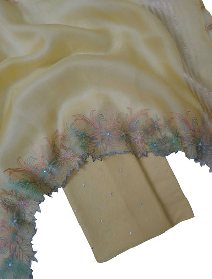 Yellow Banarasi Embroidered Chanderi Silk Suit with Mirror Work - Luxurion World