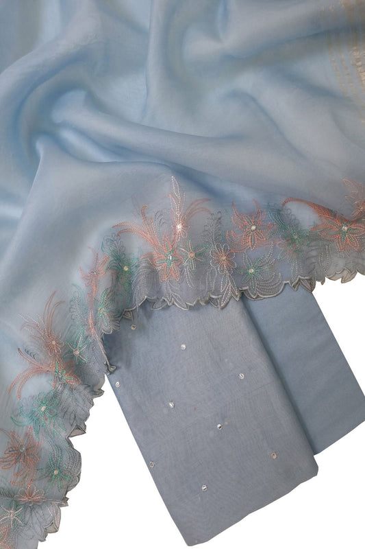 Blue Banarasi Embroidered Chanderi Silk Suit With Mirror Work - Luxurion World