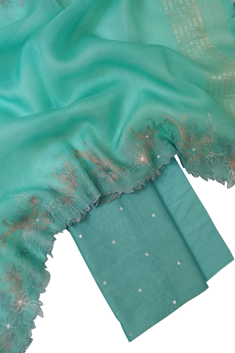 Blue Banarasi Embroidered Chanderi Silk Suit with Mirror Work - Luxurion World