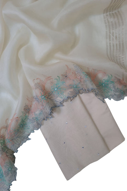 Elegant Off White Banarasi Silk Suit with Mirror Work - Luxurion World