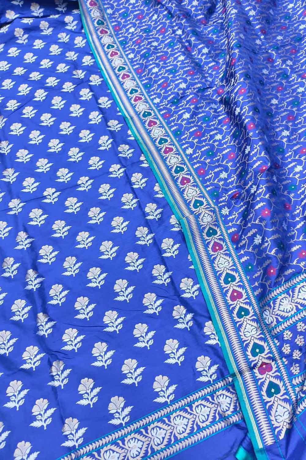 Blue Pure Katan Silk Banarasi Handloom Meenakari Suit Set - Luxurion World