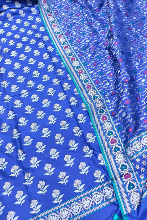 Blue Pure Katan Silk Banarasi Handloom Meenakari Suit Set - Luxurion World