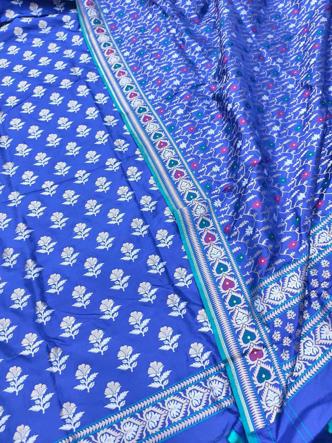 Blue Pure Katan Silk Banarasi Handloom Meenakari Suit Set - Luxurion World