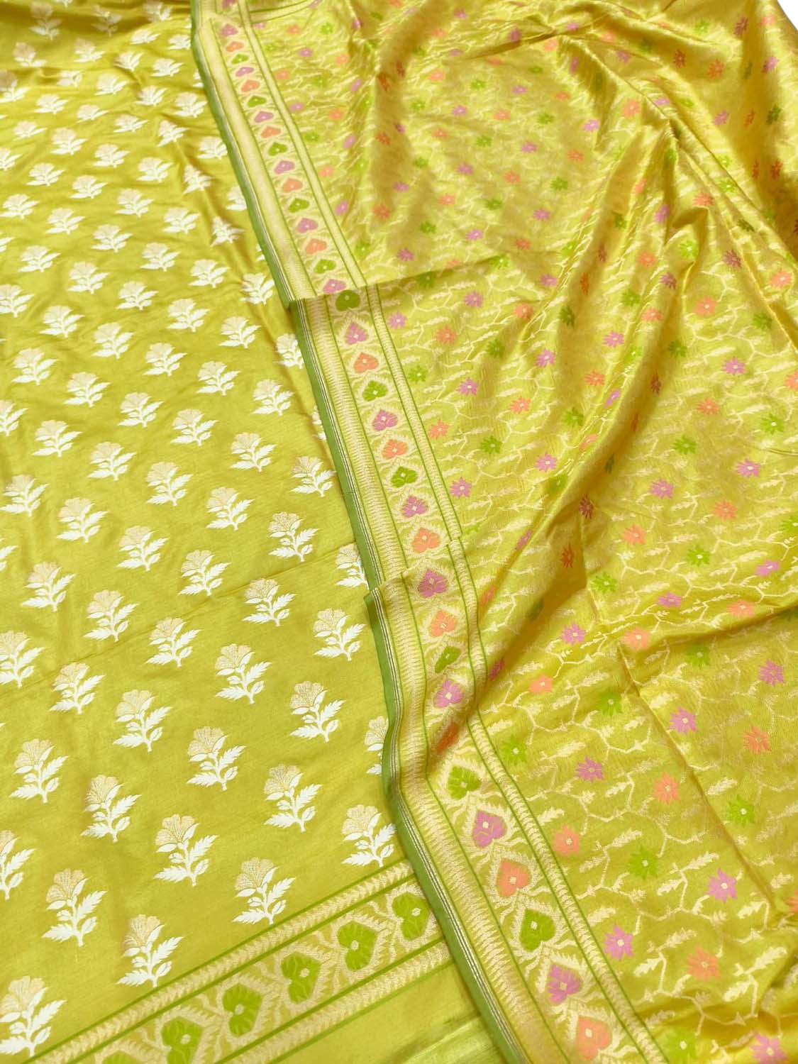 Yellow Pure Katan Silk Handloom Banarasi Meenakari Suit Set - Luxurion World
