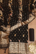 Black Banarasi Organza Silk Three Piece Unstitched Suit Set - Luxurion World